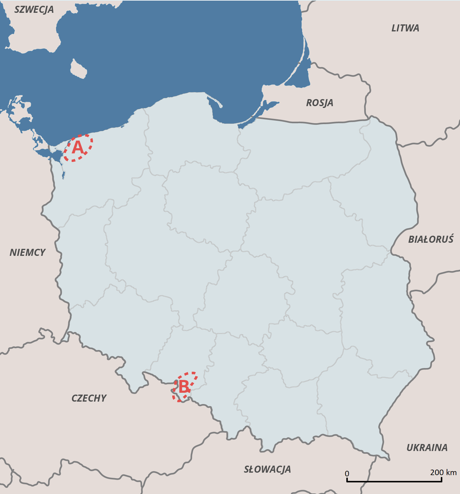 Mapa Polski przedstawia dwa zaznaczone obszary. Obszar A znajduje się w północno zachodniej Polsce przy wybrzeżu. Obszar B znajduje się w województwie opolskim przy granicy z Czechami oraz przy granicy z województwem śląskim.