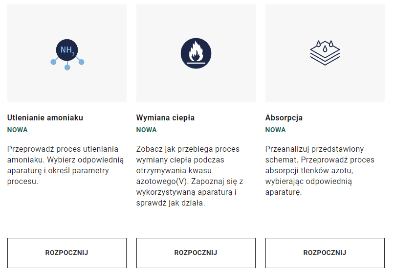 Ilustracja przedstawia trzy rodzaje misji w grze: utlenianie amoniaku, wymianę ciepła, absorpcję oraz przycisk: Rozpocznij.