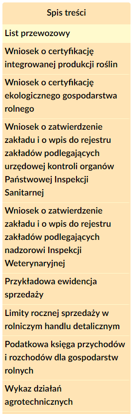 Grafika przedstawia przykładowy widok spisu treści katalogu z dokumentami interaktywnymi. Jest to podłużna plansza podzielona na dziesięć komórek. Na samej górze, w pierwszej komórce, umieszczony został napis: Spis treści. W poniższych komórkach znajdują się kolejno tytuły umieszczonych w katalogu dokumentów interaktywnych. Kliknięcie na dowolnie wybraną komórkę spowoduje wyświetlenie obok pożądanego dokumentu.