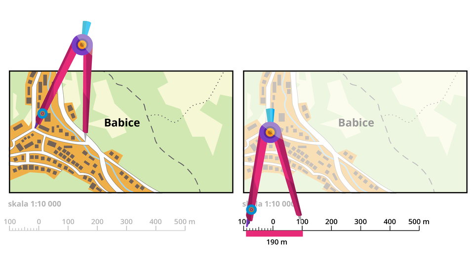Ilustracja przedstawia sposób przenoszenia odległości z mapy na podziałkę liniową i odczytywania z niej odległości. Ukazano to za pomocą cyrkla: odmierzono pewien odcinek cyrklem oraz przyłożono go do podziałki, która tym sposobem wskazała, że na mapie w skali 1:10 000 ten odcinek w rzeczywistości ma 190 metrów. 