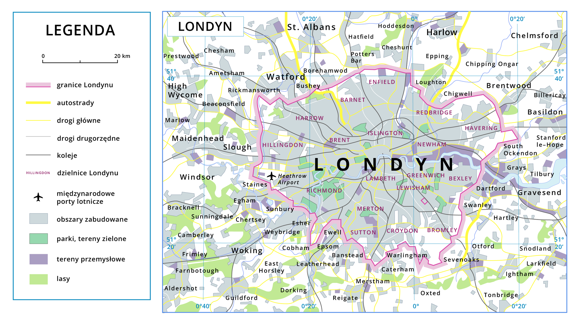 Mapa zespołu miejskiego Wielkiego Londynu. Po lewej stornie legenda. Czerwonymi liniami oznaczono granice miasta, żółtymi grubymi liniami autostrady, żółtymi cienkimi liniami drogi główne, szarymi cienkimi liniami drogi drugorzędne, czarnymi liniami koleje, różowymi literami oznaczono dzielnice miasta, symbolem samolotu międzynarodowe porty lotnicze, kolorem szarym obszary zabudowane, zielonym parki i tereny zielone, fioletowym tereny przemysłowe, jasnozielonym lasy.