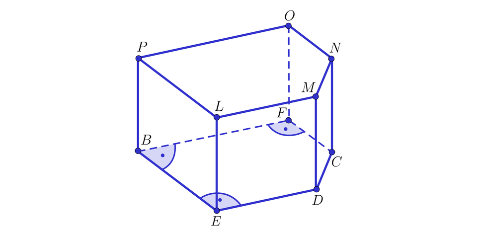 Grafika przedstawia graniastosłup, którego podstawą jest pięciokąt posiadający trzy kąty proste. Podstawa dolna ma wierzchołki E, D , C, F oraz B, przy czym przy wierzchołkach  E, F i B są kąty proste. Podstawa górna ma wierzchołki L, M, N, O oraz P, przy czym przy wierzchołkach L, O oraz P mamy kąty proste.