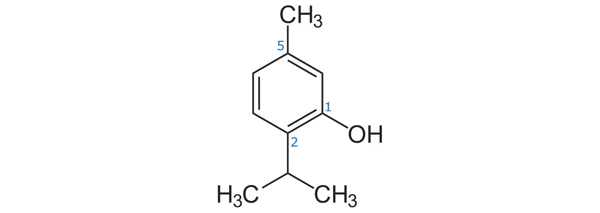 Na ilustracji wzór: sześcioczłonowy pierścień z trzema wiązaniami podwójnymi. Pierwszy atom węgla pierścienia - leżący na dole po prawej stronie - łączy się z grupą O H. Drugi atom węgla, na dole pierścienia, łączy się z atomem węgla, który jest połączony z dwiema grupami metylowymi. U góry pierścienia - piąty atom węgla łączy się z grupą metylową. 
