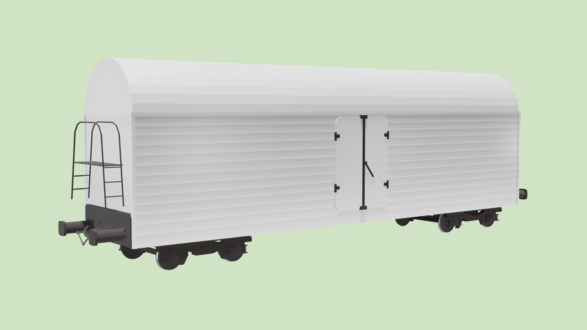Grafika przedstawia wagon chłodnię. Ma on postać szczelnie zamkniętego pudła z zaokrąglonym sufitem. Na bocznej ścianie znajdują się zabezpieczone drzwi.