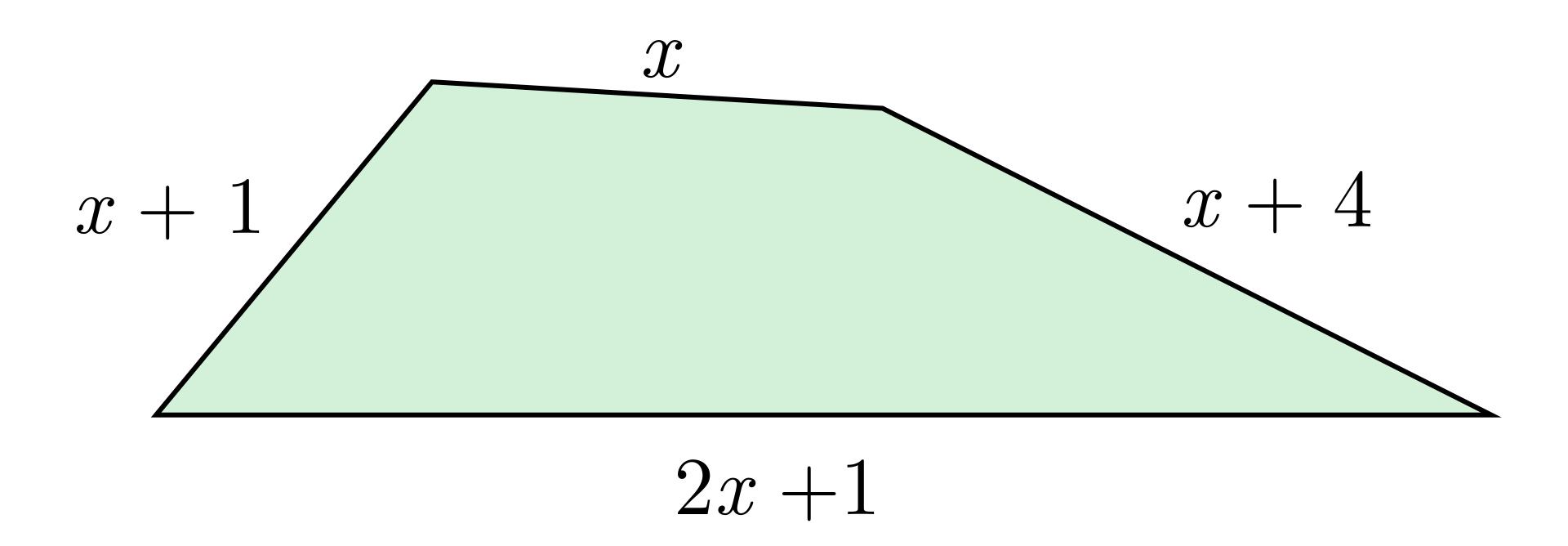 Ilustracja przedstawia czworokąt o bokach długości: x następnie x+1 następnie x+4 następnie 2x plus jeden.