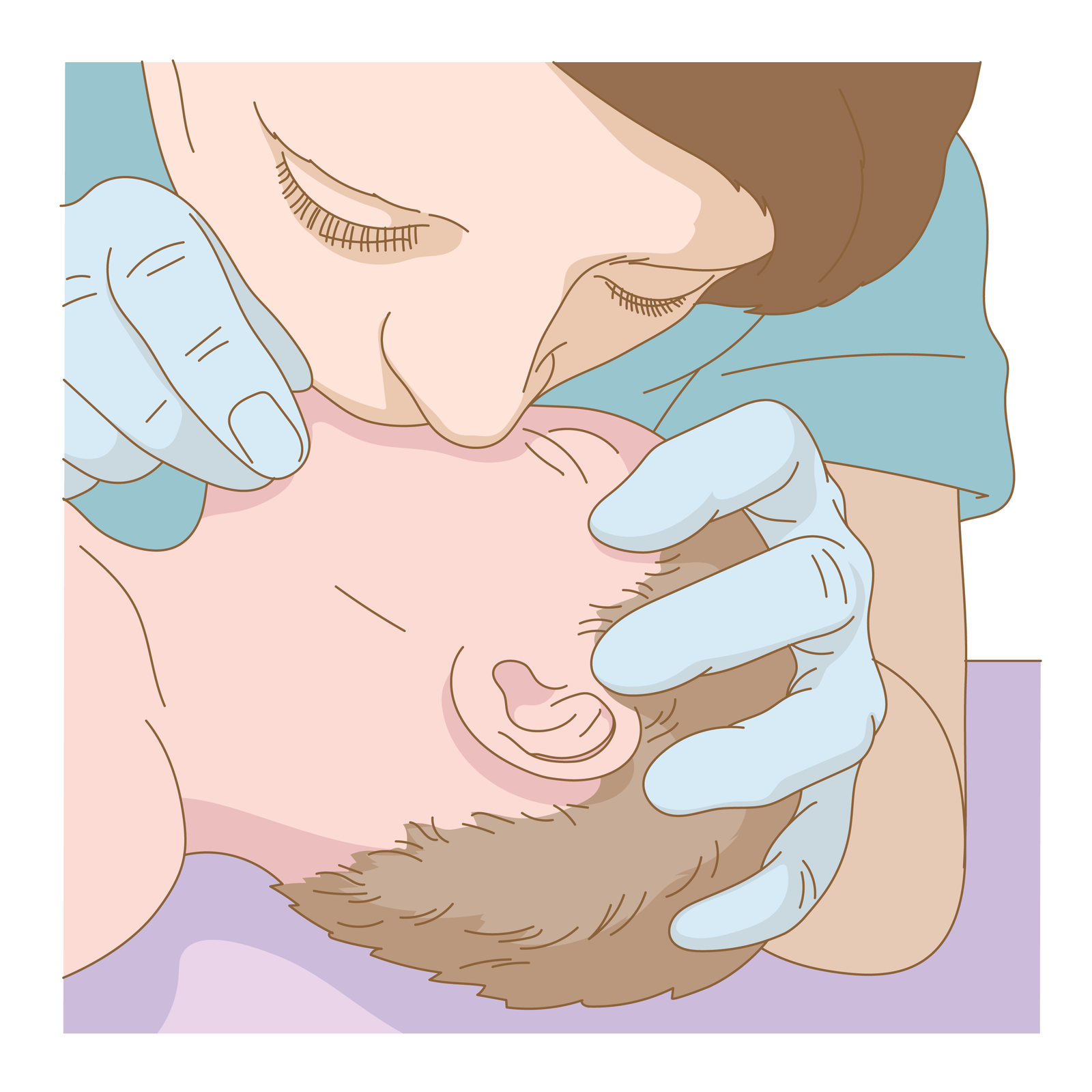 Kliknij żeby powiększyć Oddechy ratownicze - ratownik objął szczelnie ustami usta dziecka i zaczyna wykonywać oddechy.