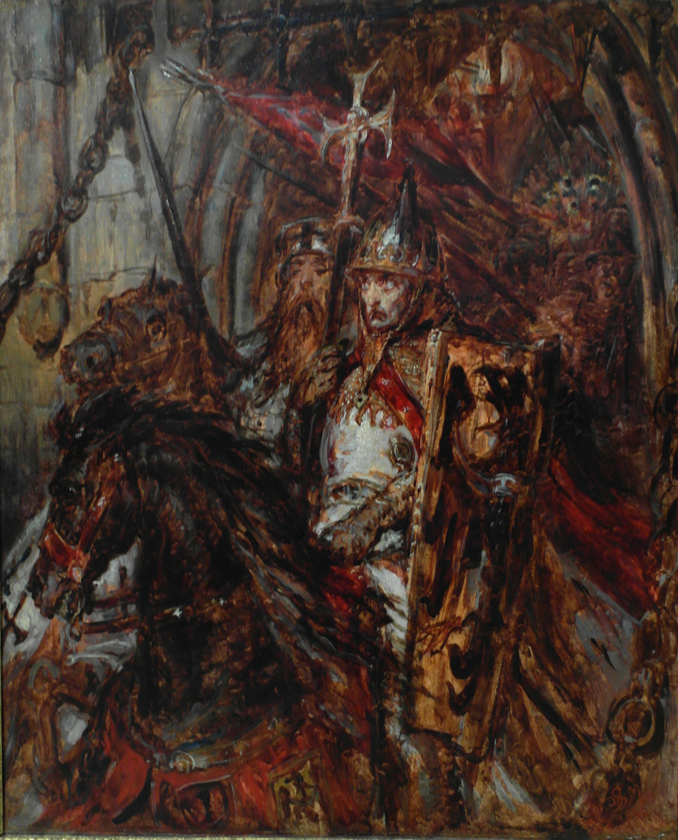 Szkic Jana Matejki z 1866 roku przedstawia wyjazd Henryka Pobożnego z Legnicy. Henryk Pobożny przedstawiony jest na koniu ciemnej maści. Władca ma poważną minę, ubrany jest w zbroję, a na głowie ma hełm ze spiczastym czubkiem. W lewej ręce trzyma długi, metalowy krzyż. Za nim, po jego lewej stronie przedstawiona jest druga osoba na koniu, która trzyma miecz. W tle namalowana jest brama miasta z jasnej cegły. Wejście na górze jest zakończone portalem, posiada kraty.