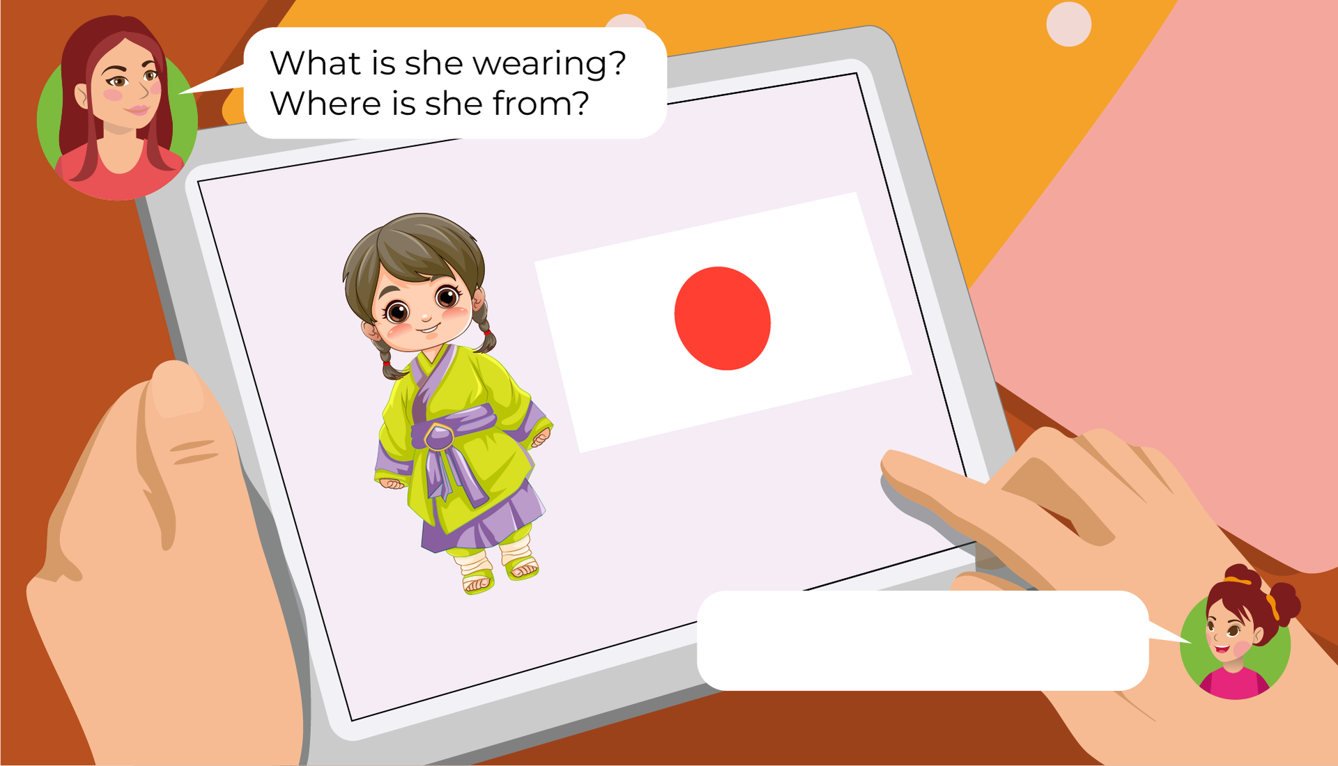 Ilustracja przedstawia tablet trzymany w czyichś dłoniach. W kółeczkach po przeciwległych stronach znajdują się twarze dwóch osób. Mamy i dziewczynki o imieniu  Mia. Mama wypowiada słowa zawarte w chmurce:  What is she wearing? Where is she from? . Dziewczynka również wypowiada słowa, ale jej chmurka jest pusta. Na tablecie widzimy dziewczynkę w zielono fioletowym kimono, zawiązanym na wysokości pępka. Obok niej widzimy flagę Japonii, która jest biała i ma czerwone koło na środku.