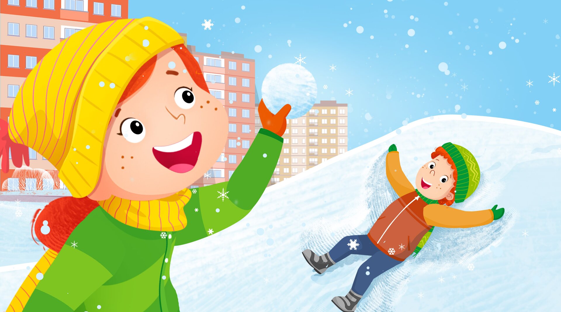 Ilustracja przedstawia dziewczynkę, która rzuca śnieżką w stronę chłopca robiącego na górce anioła w śniegu.