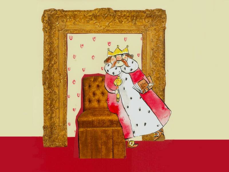 Rysunek przedstawia wąsatego króla w koronie, z berłem w ręku i w królewskim płaszczu, który przycupnął na rogu tronu. Pod pachą trzyma książkę. Za tronem znajduje się rzeźbiona bogato złota rama.