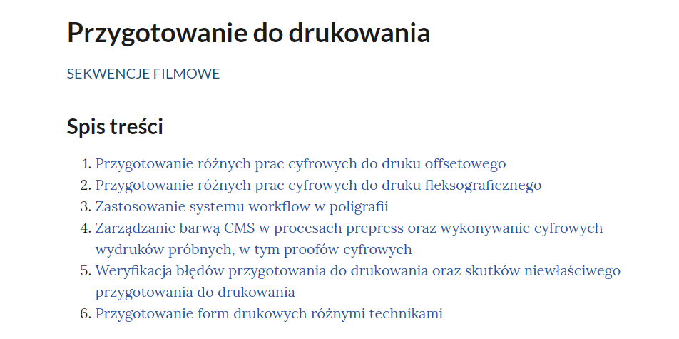 Grafika przedstawia spis treści sekwencji filmowych. U góry widoczny jest tytuł zbiorczy sekwencji Przygotowanie do drukowania, a poniżej wymienione są wszystkie tytułu poszczególnych sekwencji.