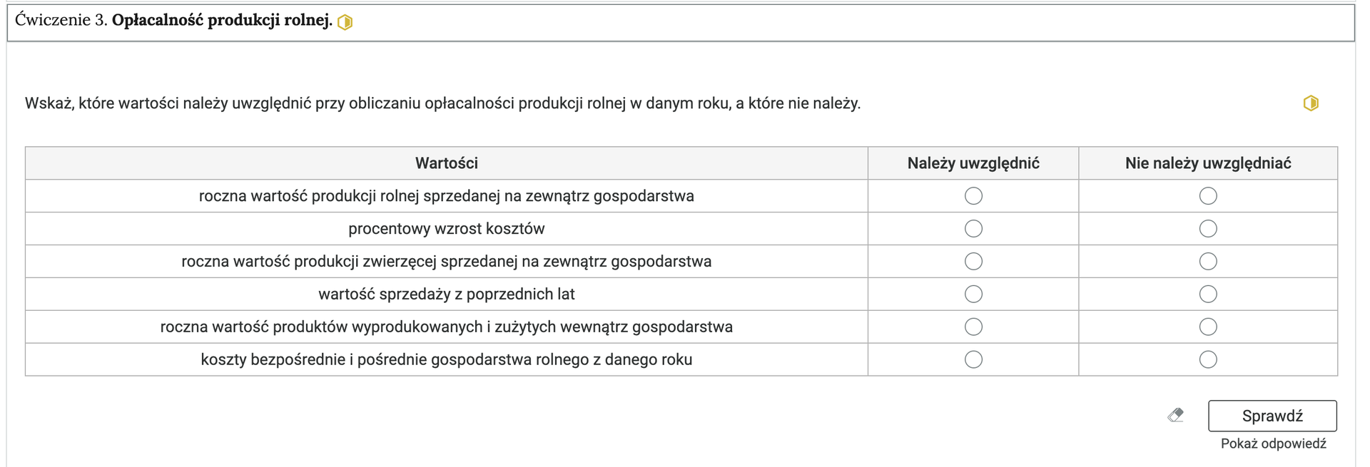 Ilustracja przedstawia wygląd ćwiczeń w momencie wyboru ćwiczenia trzeciego. Widoczne jest polecenie i treść zadania. Na dole ćwiczenia znajduje się podłużna ikonka “Sprawdź“, a pod spodem napis: “Pokaż odpowiedź“.