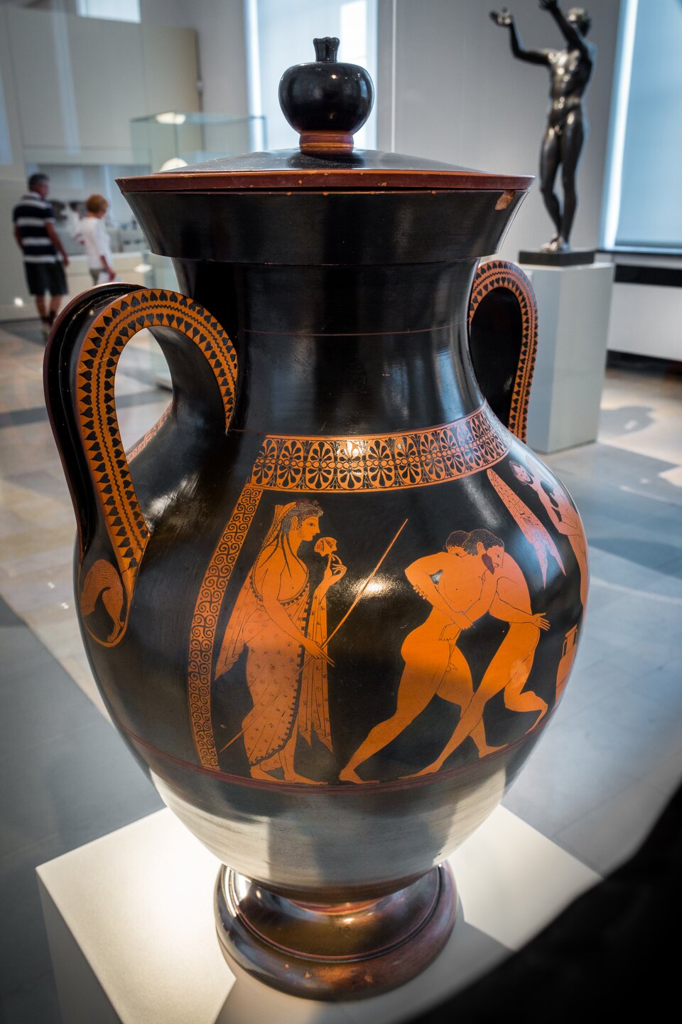 Ilustracja przedstawia czerwonofigurową wazę. Ukazuje scenę z palaestry (szkoły sportu dla młodych Ateńczyków). W centrum znajduje się para zapaśników – młodzieńców o atletycznych ciałach, splecionych w walce. Po lewej stronie sceny stoi młody efeb, trener (paidotribes), odziany w bogaty, fałdzisty himation. Trzyma w jednej ręce witkę (używaną do korygowania postawy uczniów), a w drugiej wącha kwiat – gest charakterystyczny dla wyrafinowania i spokoju. Po stronie prawej znajduje się jest fragment tkaniny, zawieszony płaszcz.