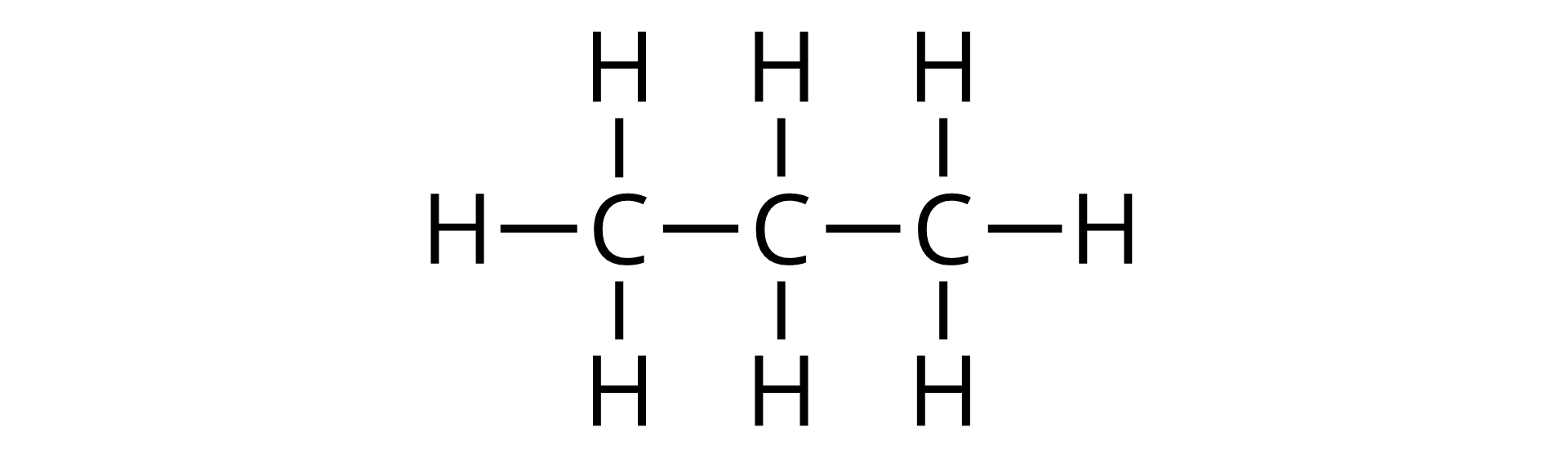Na ilustracji jest wzór strukturalny propanu - trzy atomy węgla łączą się ze sobą wiązaniami pojedynczymi. Środkowy atom węgla łączy się z dwoma atomami wodoru - z jednym na dole, z drugim na górze. Zewnętrzne atomy węgla łączą się z każdej wolnej strony z trzema atomami wodoru.  