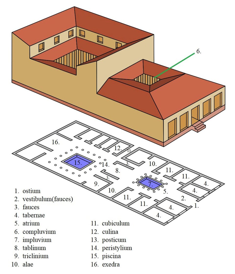 Grafika przedstawia schemat domu w ujęciu przestrzennym oraz jego plan widziany z góry. W górnej części znajduje się bryła budynku o jasnych ścianach i czerwonym dachu z dwoma otwartymi prostokątnymi otworami w połaci dachowej. Zielona strzałka z numerem 6 wskazuje otwór w mniejszej części dachu. Na przedniej ścianie widoczne są drzwi i kilka prostokątnych okien.
W dolnej części grafiki znajduje się rzut poziomy budynku z numerowanymi pomieszczeniami. Przy dolnej prawej krawędzi oznaczono wejście numerem 1 (ostium), prowadzące do pomieszczenia 2 (vestibulum, fauces). W głębi znajduje się kolejne przejście oznaczone numerem 3 (fauces).
Po obu stronach przedniej części planu rozmieszczone są pomieszczenia oznaczone numerem 4 (tabernae). W centralnej części planu znajduje się duże pomieszczenie oznaczone numerem 5 (atrium), w którym pośrodku zaznaczono prostokątny zbiornik z numerem 7 (impluvium). Nad nim w części dachowej, wskazanej strzałką, znajduje się numer 6 (compluvium).
Za atrium, w osi budynku, znajduje się pomieszczenie oznaczone numerem 8 (tablinum). Po jego lewej stronie widnieje numer 9 (triclinium). Po obu stronach atrium i dalszej części planu znajdują się pomieszczenia oznaczone numerem 10 (alae).
Wzdłuż boków środkowej i tylnej części planu rozmieszczone są pomieszczenia oznaczone numerem 11 (cubiculum). W tylnej prawej części znajduje się numer 12 (culina), a obok niego numer 13 (posticum).
W tylnej części budynku zaznaczono większą przestrzeń z kolumnami oznaczoną numerem 14 (peristylium), w której centralnie znajduje się prostokątny zbiornik z numerem 15 (piscina). W lewym tylnym narożniku planu widnieje pomieszczenie oznaczone numerem 16 (exedra).
Pod planem znajduje się legenda z nazwami odpowiadającymi numerom od 1 do 16.
