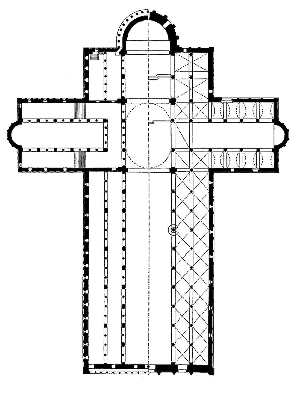 Ilustracja o kształcie pionowego prostokąta przedstawia schemat planu katedry Najświętszej Maryi Panny w Pizie. Grubą linią zaznaczono zewnętrzne ściany. Cienka linią natomiast ściany wewnętrzne. Plan ma układ krzyża łacińskiego. Kościół jest pięcionawowy z trzynawowym transeptem. Nawa główna zakończona jest apsydą. 