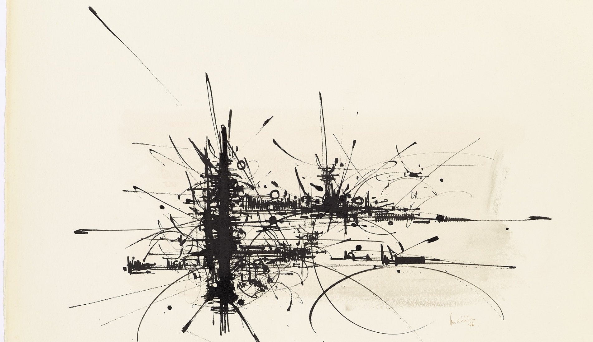 Nienazwana praca Georgesa Mathieu to rysunek, który został wykonany w stylu abstrakcyjnym i charakteryzuje się tym, że jego kompozycję tworzą nierównomiernie rozmieszczone linie o różnej grubości oraz intensywności. Rysunek składa się z kresek pionowych, poziomych i półokręgów. Nasilają się one w okolicy środka obrazka, tworząc dwa główne skupiska linii, od których odchodzą pojedyncze, cieńsze oraz dłuższe kreski. Tło jest żółto‑kremowe. 