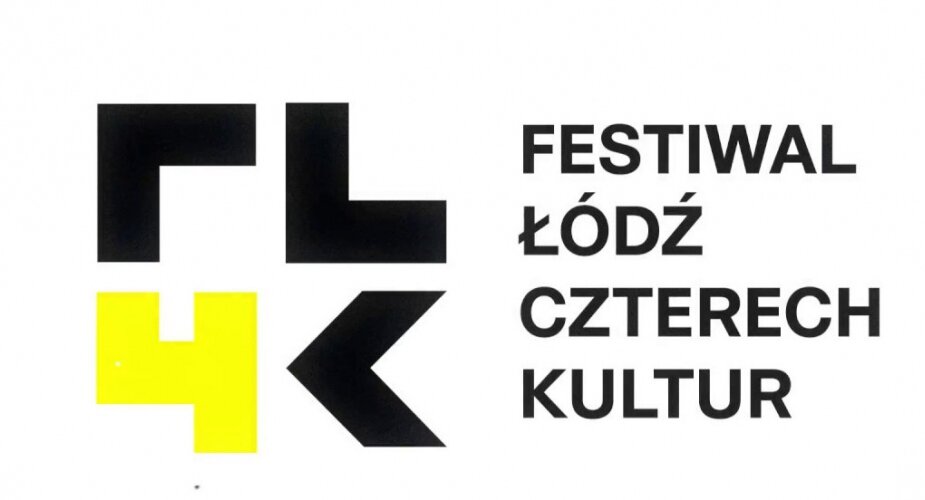 Ilustracja przedstawia kanciaste kształty, które przypominają litery oraz cyfrę. Na górze są to czarne litery F oraz L, a pod spodem żółta cyfra 4 oraz czarna litera K. Po prawej jest napis: Festiwal Łódź Czterech Kultur.