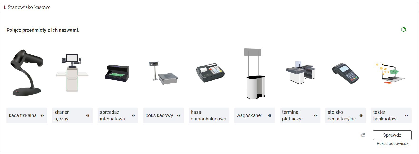 Widok na przykładowe ćwiczenie jednokrotnego wyboru. W górnej części grafiki zakładka z nazwą kategorii. Poniżej polecenie. Po prawej stronie polecenia znajduje się kolorowy symbol, odzwierciedlający trudność zadania. Pod poleceniem treść zadania. Poniżej ikona gumki do usuwania odpowiedzi, przycisk “Sprawdź” oraz przycisk “Pokaż odpowiedź”.