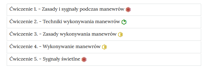 Zrzut ekranu przedstawia przykładowy wygląd zakładek z interaktywnymi materiałami sprawdzającymi. Widoczne jest pięć zakładek z ćwiczeniami, na każdej zakładce jest numer ćwiczenia i jego tytuł. Po tytule widać symbol poziomu trudności danego ćwiczenia. Przykład tekstu na pasku zakładki. Ćwiczenie 1 Zasady i sygnały podczas manewrów.