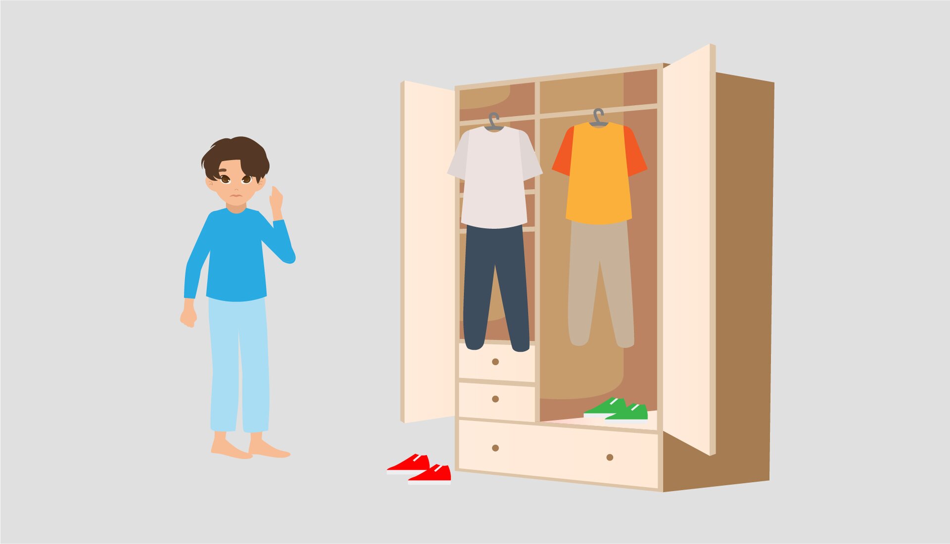 Ilustracja przedstawia chłopca w pidżamie stojącego przed otwartą szafą z ubraniami. 