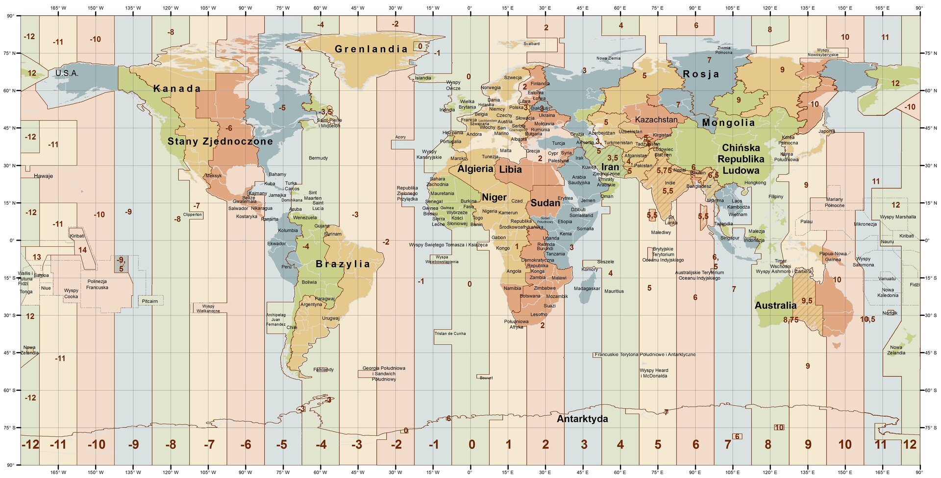 Ilustracja przedstawia umowny podział Ziemi na 24 strefy czasowe. Powierzchnię Ziemi przedstawiono w odwzorowaniu walcowym. Zaznaczono na niej państwa leżące w różnych strefach czasowych. Południki oznaczone są poziomymi liniami prostymi, wyznaczają kierunek północ-południe i na mapie obejmują zakres 15 stopni. Równoleżniki wyznaczają kierunek wschód-zachód, są poziome i równoległe do równika. Każda ze stref obejmuje 15 stopni długości geograficznej. Są one dodatkowo wyróżnione kolorystycznie – od lewej: zielony, żółty, czerwony, niebieski. Kolory powtarzają się w kolejnych strefach. W lewą, wschodnią stronę od południka zero stopni czas zmniejsza się o godzinę w każdej strefie czasowej. W prawą, zachodnią stronę – zwiększa się o godzinę.