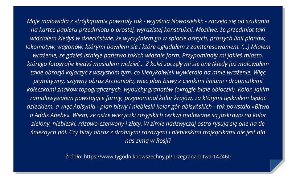 Ilustracja przedstawia niebieską kartkę z zagiętym dolnym prawym rogiem. Na kartce znajduje się cytat: Moje malowidła z »trójkątami« powstały tak - wyjaśnia Nowosielski: - zaczęło się od szukania na kartce papieru przedmiotu o prostej, wyrazistej konstrukcji. Możliwe, że przedmiot taki widziałem kiedyś w dzieciństwie, że wyczytałem go w splocie ostrych, prostych linii planów, lokomotyw, wagonów, którymi bawiłem się i które oglądałem z zainteresowaniem. (...) Miałem wrażenie, że gdzieś istnieje państwo takich właśnie form. Przypominały mi jakieś miasto, którego fotografie kiedyś musiałem widzieć... Z kolei zaczęły mi się one (kiedy już malowałem takie obrazy) kojarzyć z wszystkim tym, co kiedykolwiek wywierało na mnie wrażenie. Więc prymitywny, sztywny obraz Archanioła, więc plan bitwy z cienkimi liniami i drobniutkimi kółeczkami znaków topograficznych, wybuchy granatów (okrągłe białe obłoczki). Kolor, jakim zamalowywałem powstające formy, przypominał kolor krajów, za którymi tęskniłem będąc dzieckiem, a więc Abisynia - plan bitwy i niebieski kolor gór abisyńskich - tak powstała »Bitwa o Addis Abebę«. Wiem, że ostre wieżyczki rosyjskich cerkwi malowane są jaskrawo na kolor zielony, niebieski, rdzawo‑czerwony i złoty. W zimie nadzwyczaj ostro rysują się one na tle śnieżnych pól. Czy biały obraz z drobnymi rdzawymi i niebieskimi trójkącikami nie jest dla nas zimą w Rosji?