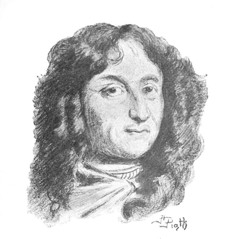 Czarno‑biały rysunek przedstawia głowę mężczyzny w średnim wieku. Ma bujne, czarne włosy, układające się w loki, sięgające do ramion. Mężczyzna ma wysokie czoło, duże oczy, wydatny nos. Na dole widoczny podpis autora.