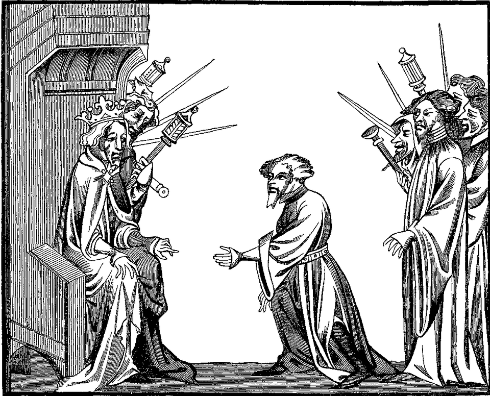 Ilustracja przedstawia rycinę w kolorach szarości przedstawiającą klęczącego przed królem wasala (w centralnej części grafiki). Po lewej stronie grafiki na tronie siedzi król w koronie z dłońmi położonymi na kolanach. Palec wskazujący lewej dłoni króla pokazuje dłoń lennika. Z boku tronu widoczna jest postać, która przekazuje informacje królowi. Ów człowiek  trzyma w dłoni miecz. Poza postacią klęczącą w centralnej części grafiki, po prawej stronie stoi  grupa uzbrojonych rycerzy. Jeden z nich ma wyciągniętą dłoń. 