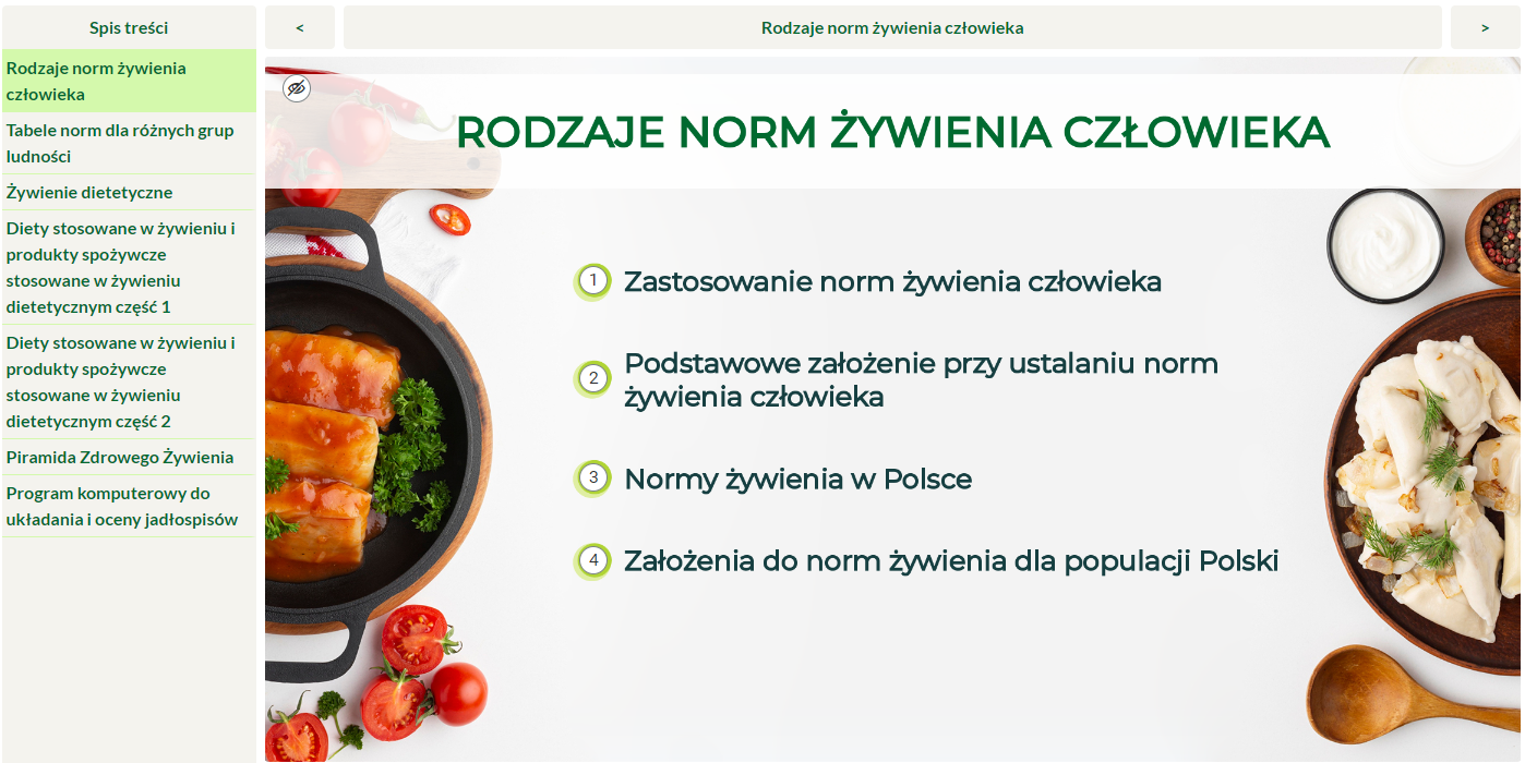 Grafika przedstawia początkowy ekran grafiki interaktywnej zatytułowanej Dietetyczne żywienie człowieka.
