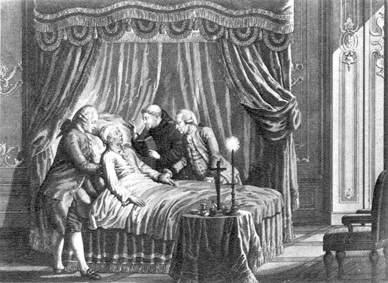 Czarno‑biały obraz przedstawia komnatę. W środku na łóżku leży umierający mężczyzna. Trzech innych, w tym ksiądz, pochylają się nad nim. Ksiądz trzyma biblię, jeden z mężczyzn trzyma umierającego za rękę, drugi wspiera go pod ramię. Nad łożem baldachim, a w nogach łóżka okrągły stolik, na którym stoi krzyż, kropielnica i zapalona świeca. Z prawej strony obrazu widoczne krzesło.