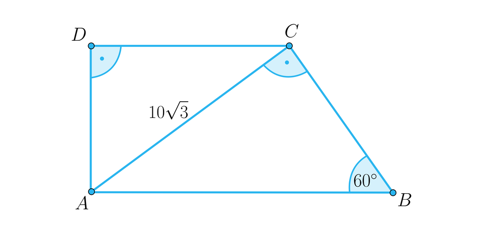 Rysunek przedstawia trapez prostokątny, którego wierzchołki oznaczone są literami: A, B, C i D. Przekątna trapezu dzieli go na dwa trójkąty prostokątne. Przekątna trapezu ma długość 10√3.  Przekątna stanowi przeciwprostokątną trójkąta A, C, D. Przyprostokątne tego trójkąta do bok CD będący górną podstawą trapezu i bok DA będący prostopadłym bokiem trapezu. W drugim trójkącie przekątna trapezu stanowi jedną z jego przyprostokątnych, drugą przyprostokątną jest ramię BC trapezu. Przeciwprostokątna tego trójkąta to podstawa trapezu AB.