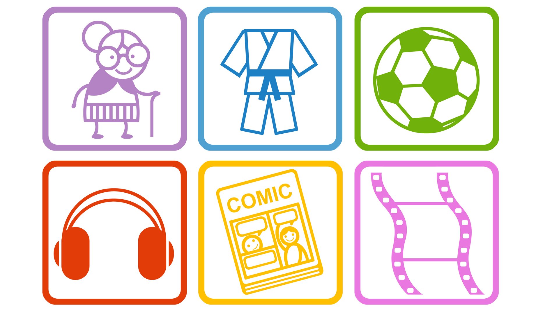 Ilustracja przedstawia sześć rysunków. Pierwszy ukazuje starszą panią w okularach trzymającą laskę. Drugi przedstawia strój do karate. Trzeci to piłka do nogi, czwarty to słuchawki do słuchania muzyki, kolejny to komiks, a ostatni to taśma filmowa.