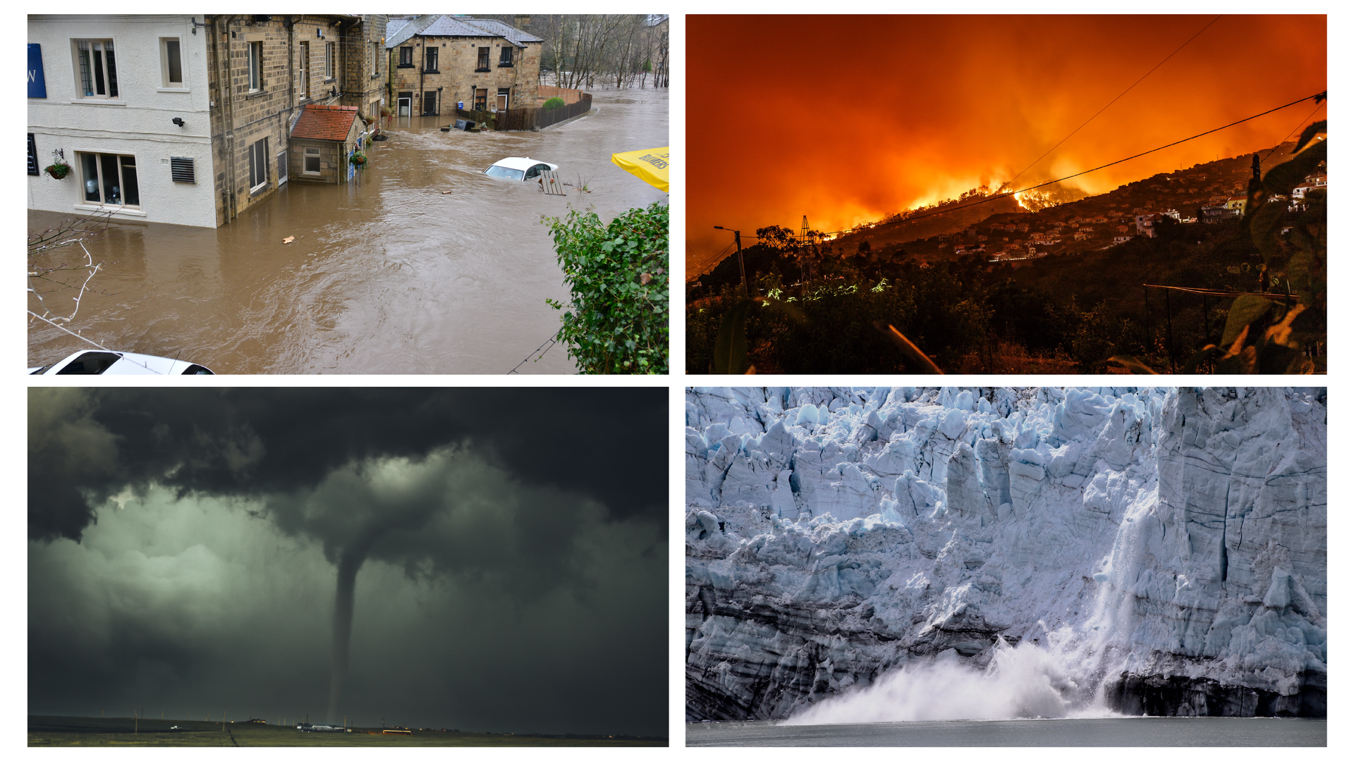 Ilustracja składa się z czterech zdjęć, które przedstawiają: powódź, pożar, tornado, globalne ocieplenie.