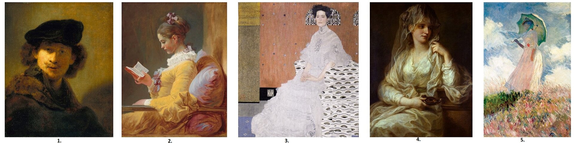 Na ilustracji znajduje się pięć obrazów ułożonych poziomo, jeden obok drugiego. Pierwszy " Autoportret w futrzanym płaszczu" autorstwa  Rembrandta van Rijn  [czytaj: rembronta won rejn] przedstawia popiersie młodego mężczyzny w ciemnobrązowym płaszczu z futrzanym kołnierzem i w czarnym berecie na głowie. Mężczyzna ma kręcone, puszące się, sięgające za uszy, włosy. Jego twarz jest łagodnie oświetlona żółtym światłem. Tło jasnobeżowe, przechodzące w zgaszoną zieleń. Drugi obraz, którego autorem jest  Jean‑Honoré Fragonard  [czytaj: żą onore fragonar] nosi tytuł  "Młoda czytająca dziewczyna". Ukazuje dziewczynę z profilu, która siedzi w fotelu i czyta książkę. Ma na sobie żółtą suknię z bufiastymi rękawami z koronką pod szyją. Rude, gęste włosy upięte są w kok na czubku głowy, który ozdabia jasnoróżowa wstążka. W prawej ręce trzyma niewielką książkę, która ma pomarańczowe boki kartek.  Opiera się o dużą poduszkę, którą włożyła na oparcie fotela. Padające na poduszkę światło odbija kolory od jasnego beżu, pomarańczu, czerwieni po róż i fiolet. Tło jest beżowo - pomarańczowo - brązowo - żółte. Trzeci obraz  Gustava Klimta  [czytaj: gustawa klimta] "Portret  Fritzy Riedler " [czytaj: fricy ridler]przedstawia piękną kobietę w białej sukni siedzącą na tle ściany, na której wymalowano trzy prostokąty, jeden największy jest pomarańczowy, drugi wąski beżowy, trzeci żółty. Za głową kobiety na ścianie znajduje element dekoracyjny w kształcie półkola wypełniony małymi kwadracikami w różnych odcieniach czerni i szarości. Kobieta ma kruczoczarne włosy upięte w kok. Siedzi na sofie, której elementem dekoracyjnym są poziome, regulane fale wypełnione szaro‑czarnymi, podłużnymi muszelkami. Czwarty portret autorstwa  Angeliki Kauffman  [czytaj: andżeliki kałfman] nosi tytuł "Portret damy jako westalki" przestawia kobietę siedzącą na krześle, która jest częściowo okryta cieniem. Tło jest brązowo‑czarne. Kobieta ma kremowo‑białą suknię, która lekko układa się na jej ciele. Włosy upięte w kok przykrywa muślinowa, przezroczysta narzutka. Twarz ukazana jest w pozie  en trois quarts  [czytaj: trła katr]. W prawej ręce trzyma glinianą lampkę oliwną, lewą przytrzymuje szatę na lewym ramieniu. Piąty obraz namalował  Claude Monet  [czytaj: klod mone], przestawia kobietę z parasolką, która przechadza się po łące pełniej różnobarwnych kwiatów w wietrzny, słoneczny dzień. Kobieta ujęta jest z żabiej perspektywy. Kwiaty na łące namalowane są grubymi pociągnięciami farby. Dominują tu kolory: odcienie różu, czerwieni, biały, zielony, fioletowy. Kobieta nosi białą suknię, padający cień sprawia, że z przodu wydaje się być różowa. W pasie czerwony akcent - kwiatek. Na szyi powiewająca długa jasnoniebieska chustka, na głowie beżowy kapelusik. Biała parasolka oparta na ramieniu z wierzchu jest kremowo‑biała od spodu zielonkawa. Tło stanowi jasnoniebieskie niebo utkane białymi, kłębiastymi chmurami. Nie widać rysów twarzy kobiety.