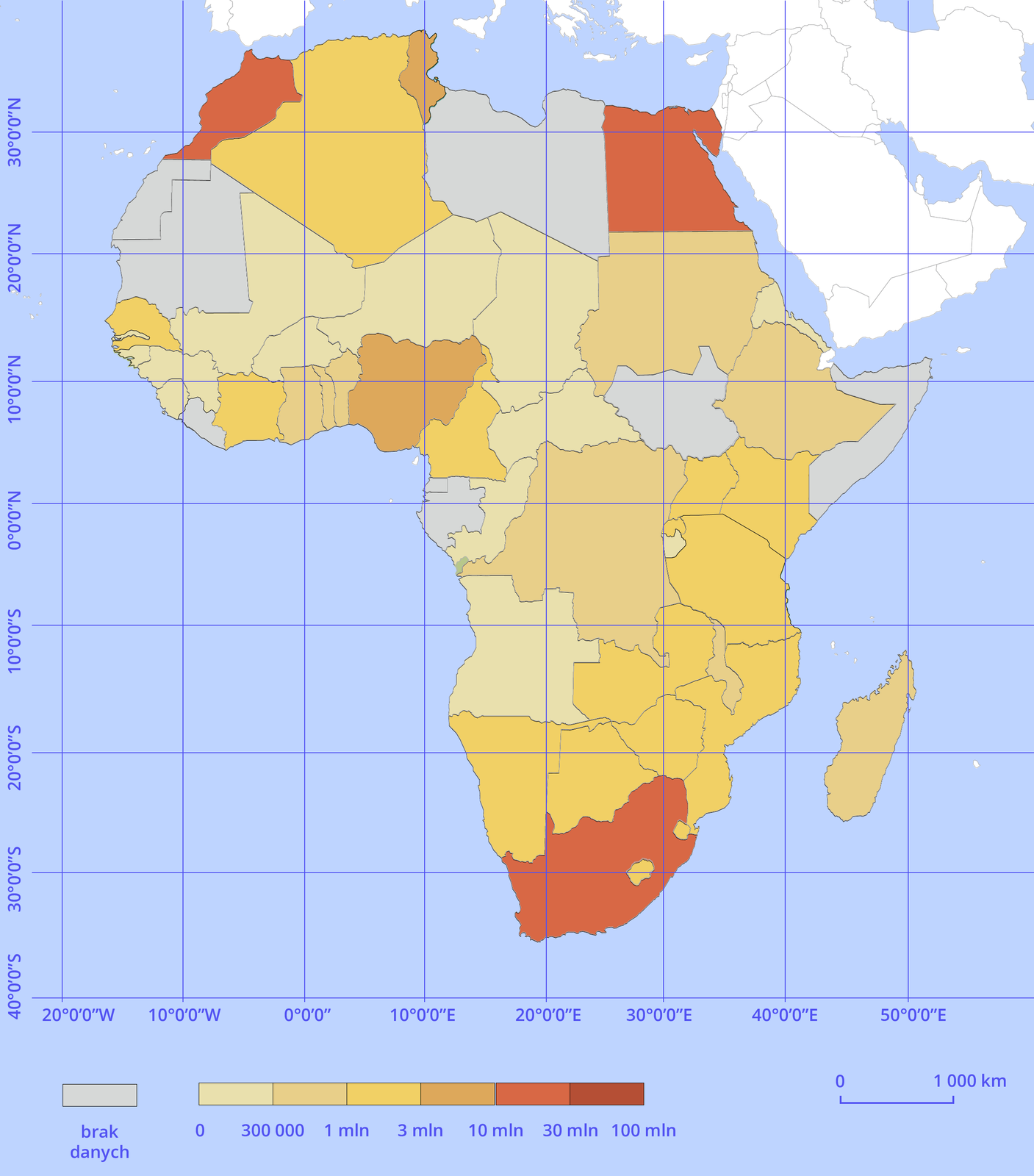 Mapa polityczna Afryki przedstawiająca liczbę turystów w 2019 roku. W lewym dolnym rogu legenda wraz z oznaczeniami kolejnych przedziałów i przyporządkowanymi im kolorami na mapie. Przedział o najmniejszych wartościach ma kolor piaskowy, kolejne mają coraz ciemniejsze barwy, aż do czerwonego. Wartości przedziałów: od zera do trzystu tysięcy, od trzystu tysięcy do miliona, od miliona do trzech milionów, od trzech milionów do dziesięciu milionów, od dziesięciu milionów do trzydziestu milionów. Brak danych oznaczono kolorem szarym. Najwięcej turystów (od dziesięciu do trzydziestu milionów) w Egipcie, RPA i Maroku.