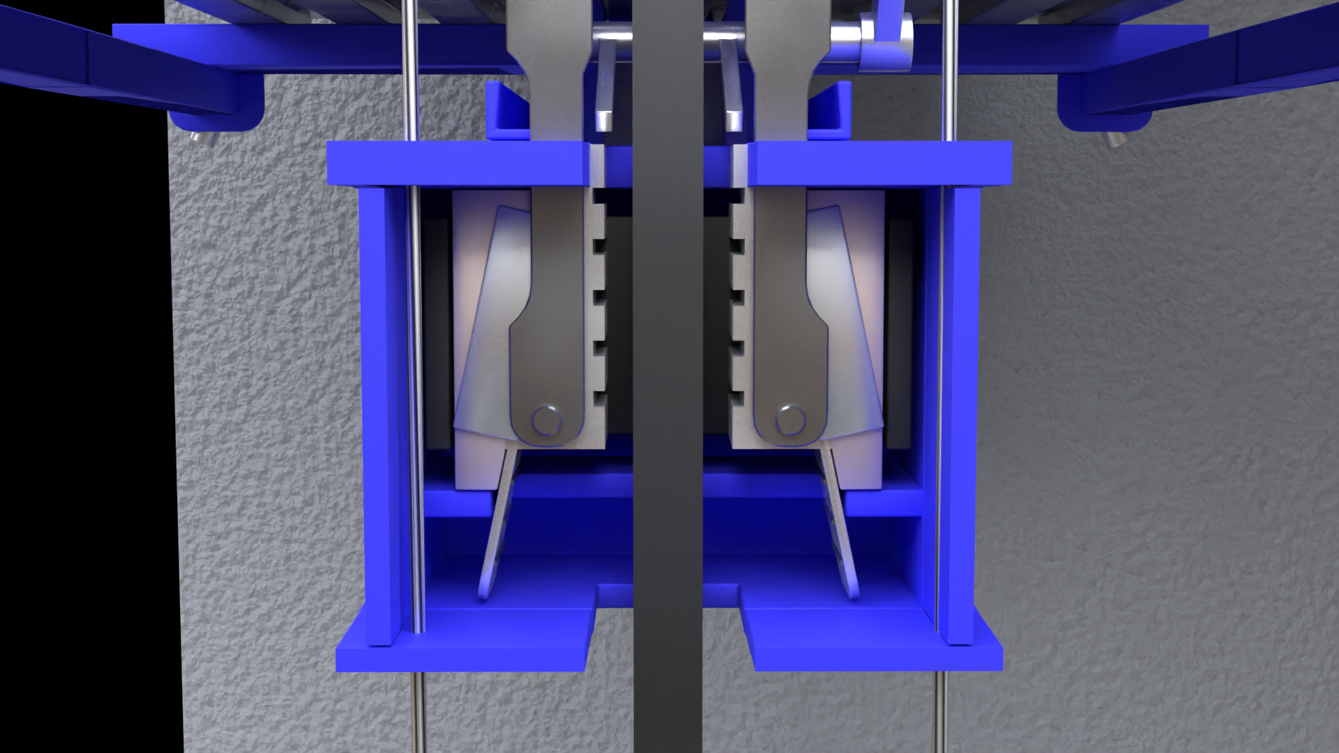 Grafika przedstawia urządzenie mechaniczne składające się dwóch identycznych części. Każda z części posiada w swojej budowie element w kształcie klina. Kliny obejmują znajdującą się na środku prowadnicę.