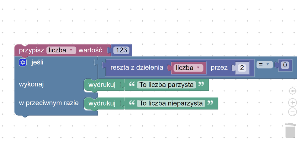 Ilustracja przedstawia okno programu  Scratch z napisanym programem. W pierwszym bloku znajduje się napis: przypisz lista rozwijana liczba koniec listy wartość sto dwadzieścia trzy. Kolejne jest blok wyboru, który wykonuje następujące zadania: jeśli reszta z dzielenia liczba przez dwa równa się zero, wykonaj: wydrukuj cudzysłów podwójny to liczba parzysta koniec cudzysłowu. W przeciwnym razie wydrukuj cudzysłów podwójny to liczba nieparzysta koniec cudzysłowu.