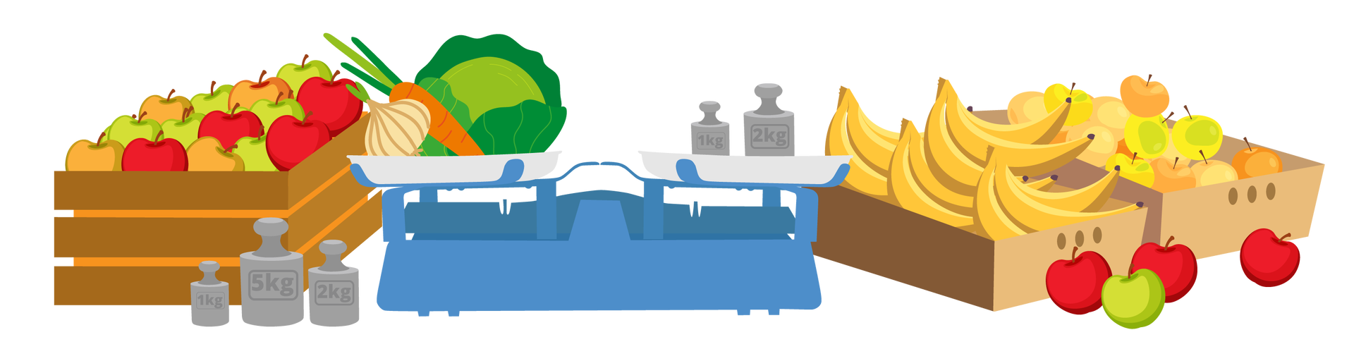 Ilustracja przedstawia warzywa i owoce. Po lewej stronie stoi brązowa skrzynka z zielonymi, żółtymi i czerwonymi jabłkami. Na środku jest ciemnoniebieska waga. Na lewej szalce leżą cebula, marchewka i sałata, a na prawej są ustawione dwa szare odważniki – jednokilogramowy i dwukilogramowy. Kolejne trzy odważniki znajdują się przed wagą, po jej lewej stronie. Jeden waży kilogram, drugi pięć kilogramów, a trzeci dwa kilogramy. Po prawej stromnie ilustracji stoją dwie brązowe skrzynki. W jednej są banany, a w drugiej żółte i pomarańczowe jabłka. Trzy czerwone jabłka i jedno zielone leżą przez skrzynkami.