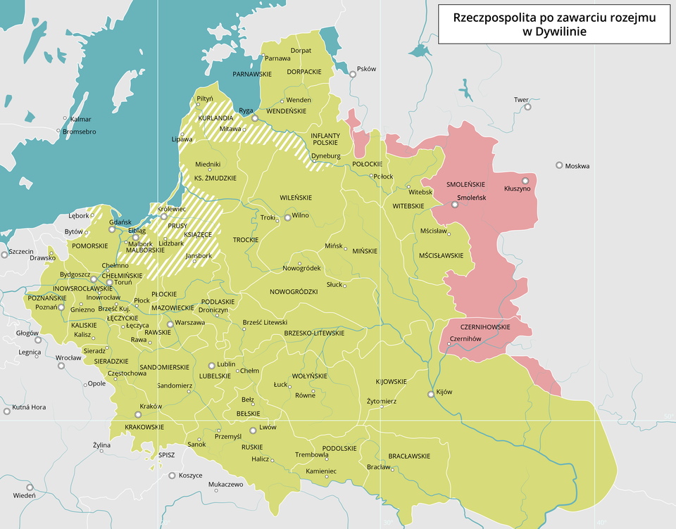 Mapa ukazuje walkę z Moskwą. Rzeczpospolita po zawarciu rozejmu w Dywilinie. Teren zajmuje Polskę, Słowację oraz teren Ukrainy. Występujące miasta na mapie: Kalmar, Bromsebro, Lębork, Bytów, Gdańsk, Drawsko, Szczecin, Bydgoszcz, Poznań, Głogów, Legnica, Wrocław, Sieradz, Kalisz, Opole, Rawa, Łęczyca, Gniezno, Brześć Kujawski, Inowrocław, Toruń, Chełmno, Malbork, Elbląg, Lidzbark, Królewiec, Jamsbork, Droniczyn, Lublin, Sandomierz, Kraków, Sanok, Przemyśl, Bełz, Halicz, Lwów, Łuck, Brześć Litewski, Królewiec, Troki, Wilno, Mińsk, Słuck, Żytomierz, Bracław, Kmieniec, Tramblowa, Kijów, Mścisław, Czernihów, Smoleńsk, Kłuszyno, Moskwa, Twer, Psyków, Witebsk, Połock, Dyneburg, Wenden, Parnawa, Ryga, Piltyń, Mitawa, Lipawa, Miedniki, Szczecin, Głogów, Legnica, Wrocław, Opole, Kutna Hora, Żylina, Wiedeń, Koszyce, Mukaczewo.