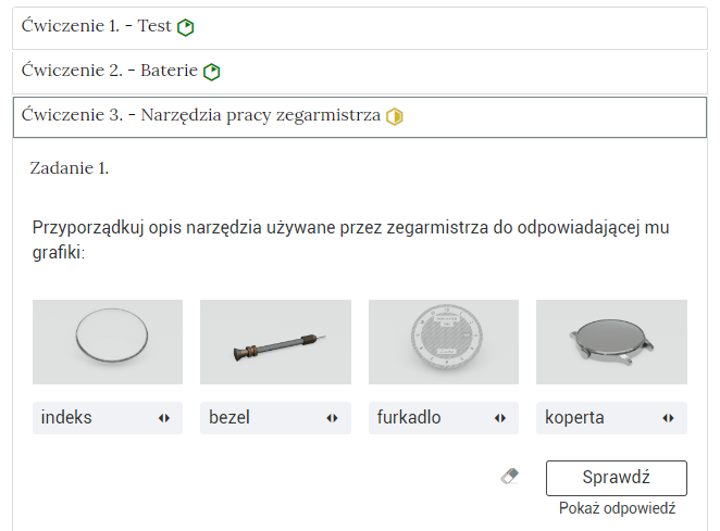 Zdjęcie przedstawia otwartą zakładkę z przykładowym zadaniem. Pod nazwą zakładki znajduje się polecenie. Pod poleceniem widać treść zadania z odpowiedziami do wyboru. Po prawej stronie polecenia widać żółty sześciokąt. Poniżej zadania, po prawej stronie panelu znajduje się ikona sprawdź. Po jej lewej stronie widać symbol gumki. Poniżej przycisku sprawdź znajduje się napis pokaż odpowiedź.