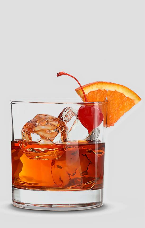 Zdjęcie przedstawia drink Old Fashioned. Pod punktami interaktywnymi znajdują się nagrania audio prezentujące opis każdego drinka.