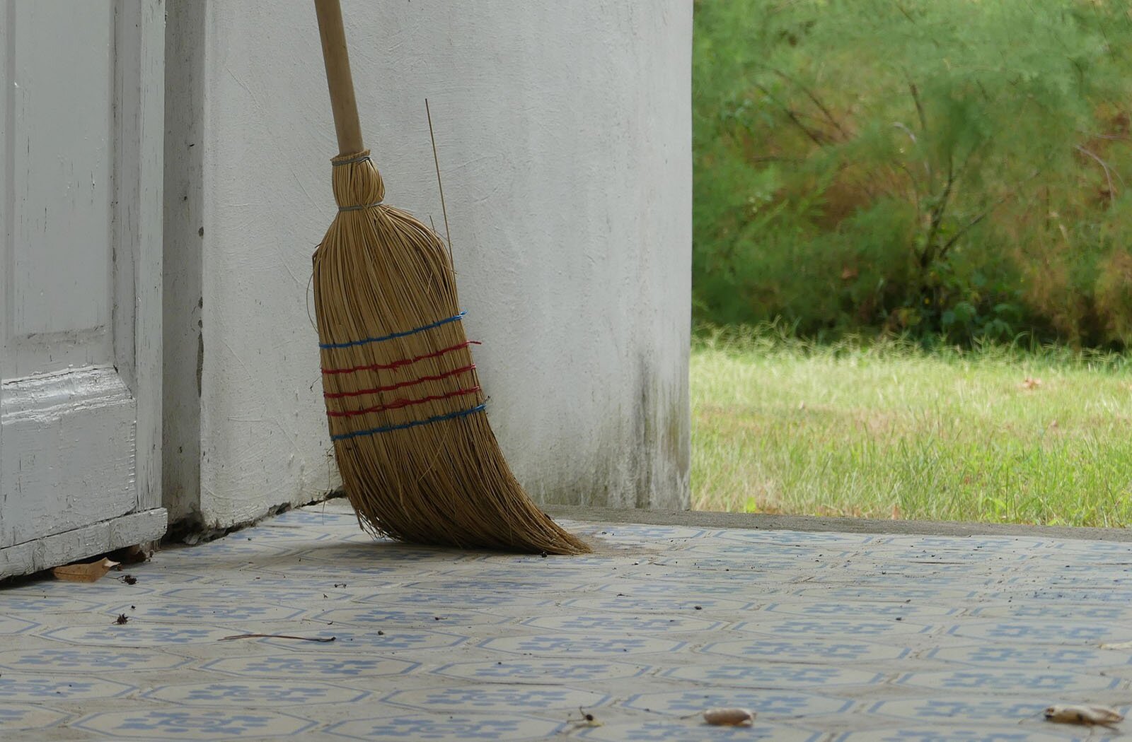 Zdjęcie przedstawia wejście do budynku, przy którym stoi miotła. Po lewej stronie widać fragment białych drzwi i białą ścianę budynku. Na prawo od nich widać fragment miotły z pęku rózeg, rozwidlonych na końcu i związanych od strony nie rozwidlonej w kształt trzonka. Miotła stoi na tarasie wyłożonym kafelkami, na którym widać suche listki i trawy. W tle w widoczne są zielona trawa i drzewa.