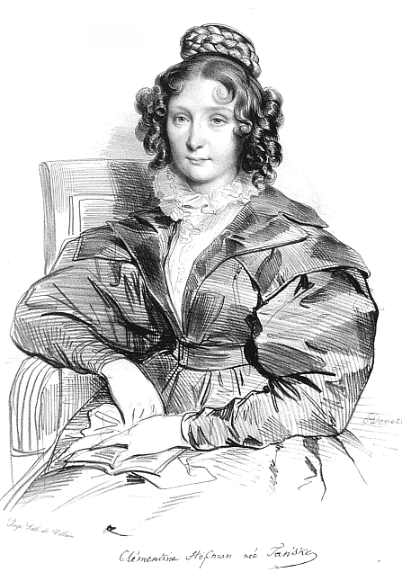 Grafika czarno biała przedstawiająca siedzącą postać kobiety w ujęciu z przodu od pasa w górę. Kobieta ma ciemne, kręcone włosy do ramion. Na czubku głowy widać warkocz uformowany w kształcie koka. Kobieta ma dłonie złożone na biodrach, pod nimi leży zapisany notatnik. 