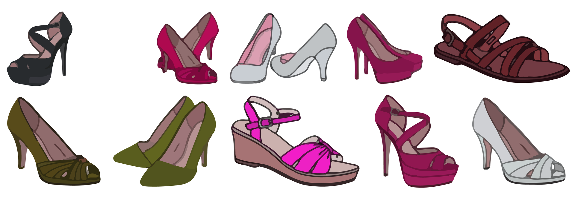 Grafika przedstawia kolorowe rysunki wzorów obuwia damskiego. Są tam buty na szpilce, koturnie oraz sandały. Występujące kolory to różowy, zielony, biały, czarny, czerwony.