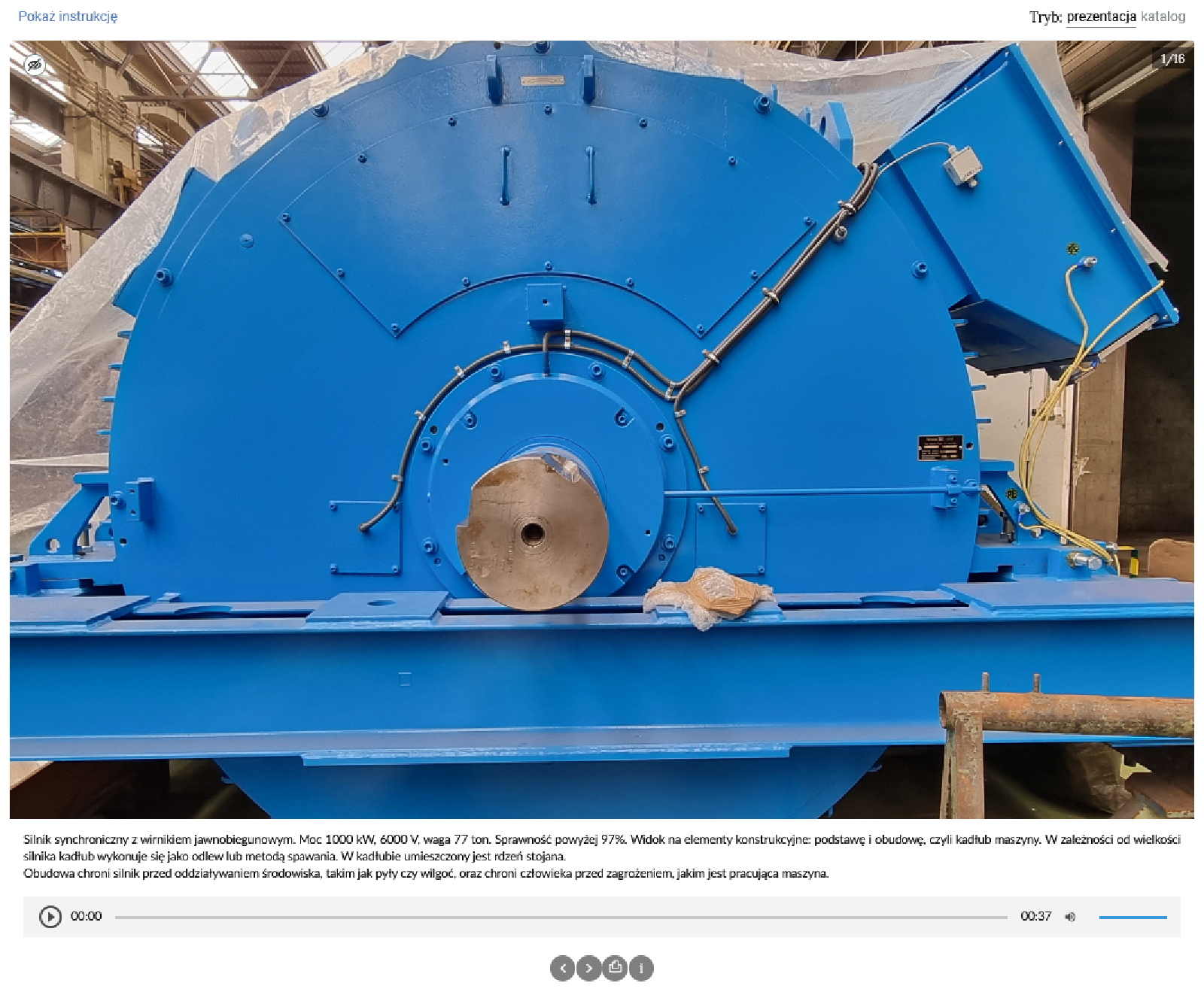 Ilustracja przedstawia jeden ze slajdów galerii. Jest to zdjęcie części silnika, pod spodem znajduje się panel dolny z informacjami, które można również odsłuchać za pomocą paska odtwarzania z nagraniem tożsamym.