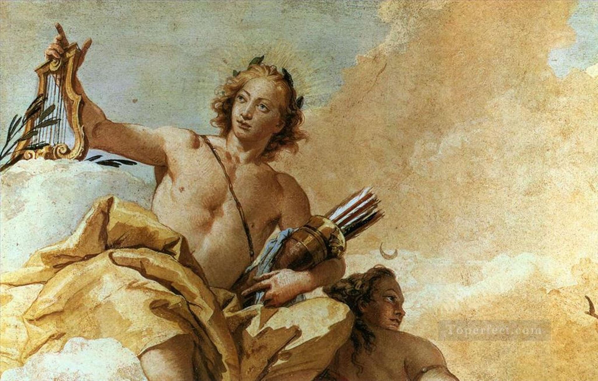Obraz autorstwa Giovanniego Battisty Tiepolo pod tytułem „Apollo i Diana” prezentuje parę bogów tytułowych Apolla i Dianę. Mężczyzna ma średniej długości rude włosy, atletycznej budowy sylwetkę, jego półnagi – jego tors jest odkryty, a od pasa w dół nosi szatę. Mężczyzna w jednej dłoni trzyma kołczan wypełniony strzałami, w drugiej dłoni trzyma instrument muzyczny kitharę. Kobieta ma odkryte plecy, oraz długie związane włosy, spogląda w prawo. W tle widoczne są chmury oraz niebo. 