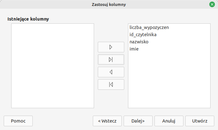 Ilustracja przedstawia okno zatytułowane: Zastosuj kolumny. Po lewej stronie jest puste pole zatytułowane: Istniejące kolumny. Po prawej stronie w polu wpisano kolejno od góry: liczba_wypozyczen, id_czytelnika, nazwisko, imie. Na dole okna przyciski: Pomoc, Wstecz, Dalej, Anuluj, Utwórz.  