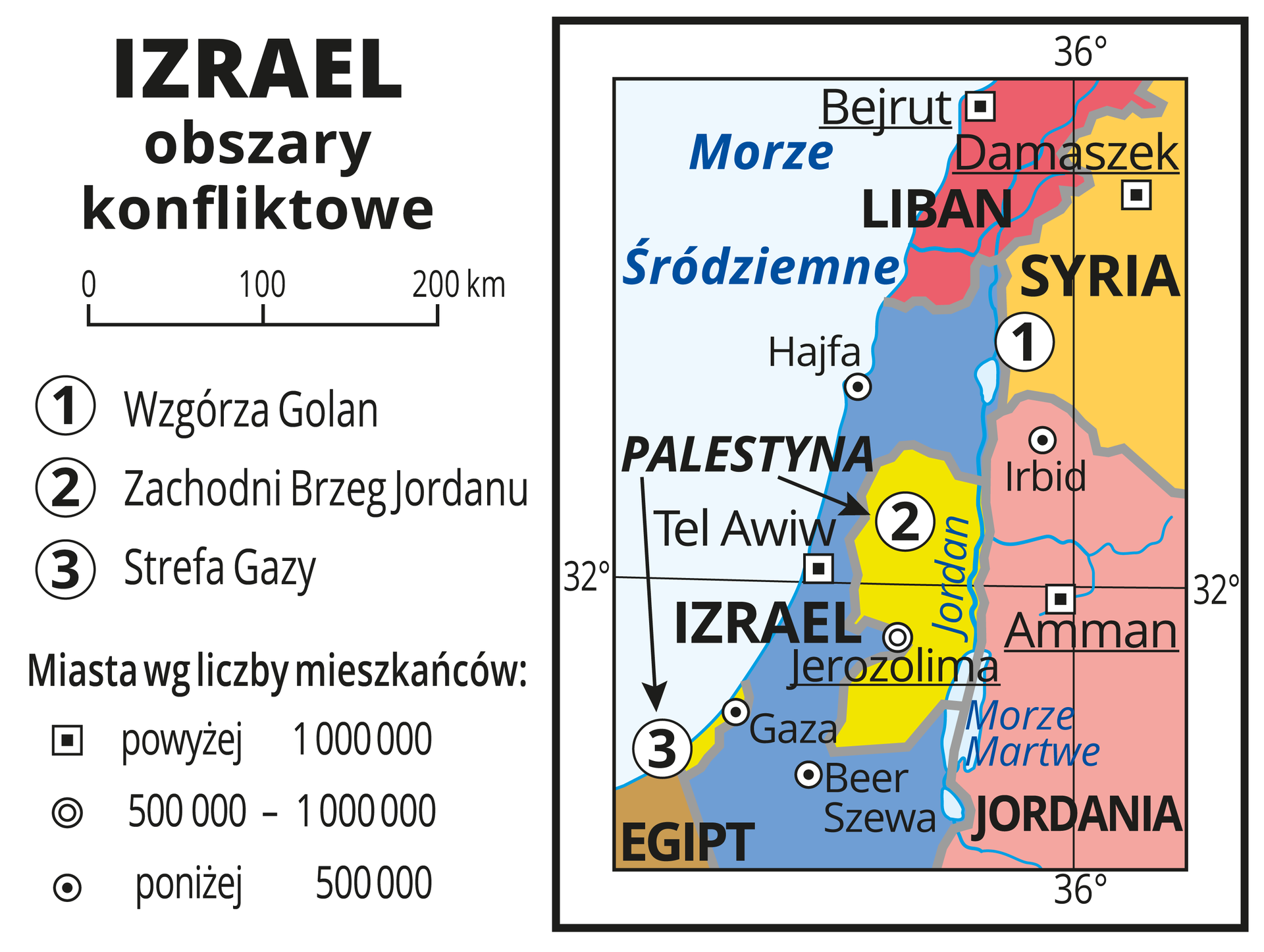 Ilustracja przedstawia obszary objęte konfliktami w rejonie Izraela. Państwa wyróżnione są kolorami i opisane. Liban oznaczony jest kolorem czerwonym i znajduje się najbardziej na północy. Na żółto zaznaczono Syrię na wschód od Libanu. Na południu od tych państw znajduje się Izrael zaznaczony na niebiesko, a w jego centralnej części zaznaczona na żółto Palestyna, która swoje terytorium posiada również na wybrzeżach Morza Śródziemnego. Na wschód od Izraela jest Jordania, sąsiadująca na północy z Syrią. W południowo‑zachodnim rogu mapy na brązowo oznaczone jest terytorium Egiptu. Oznaczono i opisano miasta: miasta powyżej 1 000 000 to: Tel Awiw, Damaszek, Bejrut i Amman; miasto od 500 000 do 1 000 000 to Jerozolima; miasta poniżej 500 000 mieszkańców to: Gaza, Beer Szewa, Irbid i Hajfa. Cyframi oznaczono konflikty w rejonie: 1– Wzgórza Golan w Syrii, 2 – Zachodniego Brzegu Jordanu i 3 – Strefy Gazy w Palestynie. Mapa pokryta jest równoleżnikami i południkami, które zostały opisane dookoła mapy w białej ramce. Zastosowano podziałkę liniową od zera do dwustu kilometrów, co sto kilometrów (2,5 cm na mapie to 100 kilometrów w terenie).