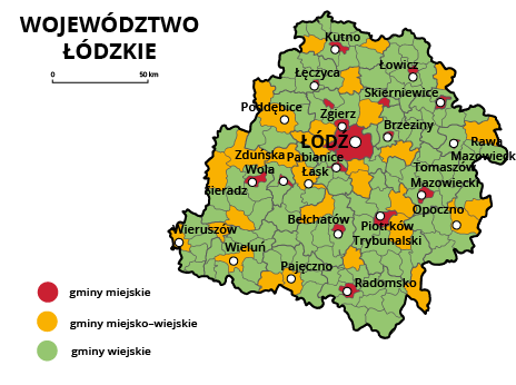 Mapa województwa łódzkiego. Na mapie szarymi liniami zaznaczono granice powiatów ziemskich, białymi kropkami zaznaczono miasta będące stolicami powiatów. W obrębie powiatów ziemskich kolorami wyróżniono gminy miejskie (na czerwono), miejsko‑wiejskie (na żółto) i wiejskie (na zielono). Stolicą województwa jest Łódź. Stolicami gmin miejskich są Łódź, Zduńska Wola, Radomsko, Kutno, Łęczyca, Łowicz, Skierniewice, Rawa Mazowiecka, Pabianice, Sieradz, Tomaszów Mazowiecki, Bełchatów, Piotrków Trybunalski, Brzeziny, Zgierz. Stolicami gmin miejsko‑wiejskich są Opoczno, Pajęczno, Łask, Wieruszów, Poddębice, Wieluń.